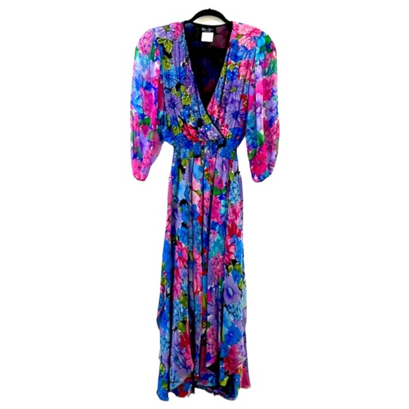 Diane Fres’ all silk and beaded floral watercolor silk ruched waist max …